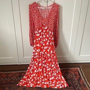 Diane Von Furstenberg Red and White Patterned Long Sleeve Dress
